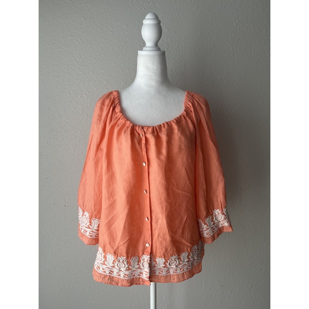 Talbots Women Sz‎ S Petite Linen Coral Floral Embroidered Button Front Blouse A2